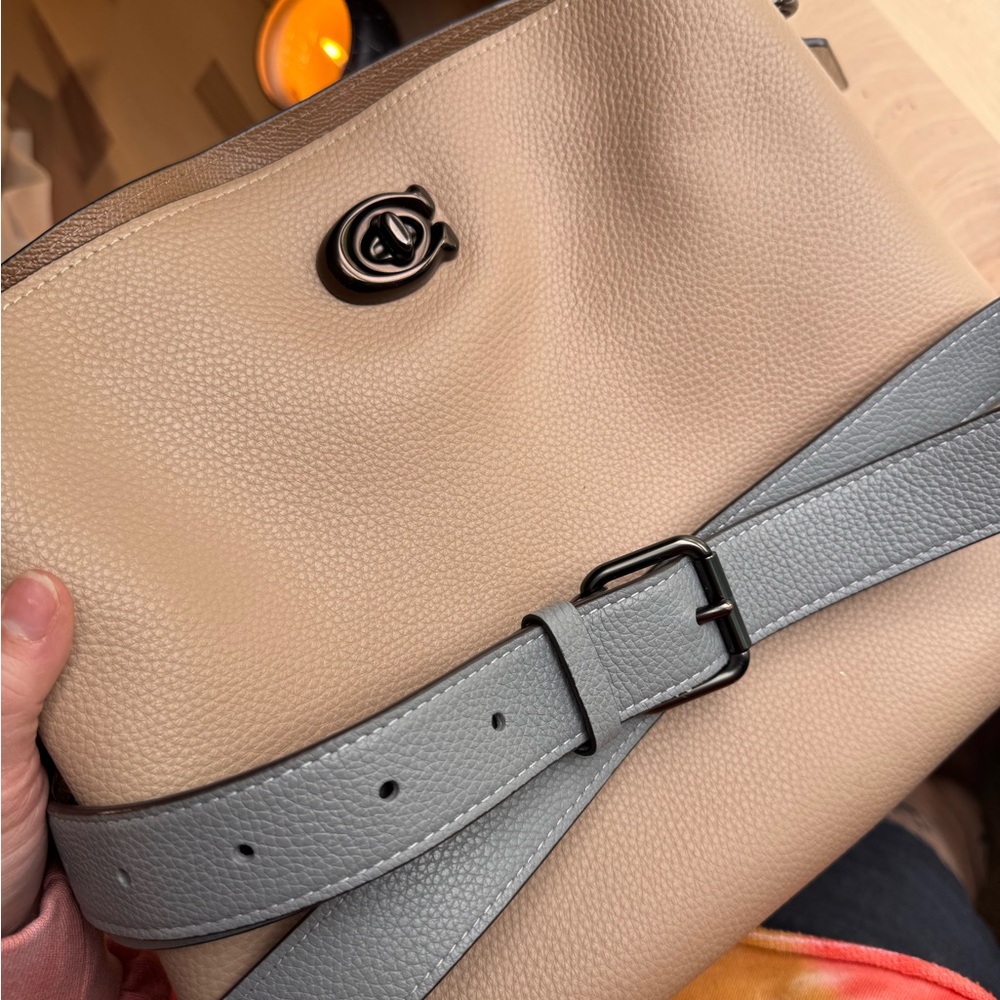 COACH C2590 Willow Shoulder Bag in Color Block Taupe and Grey/Purple Strap